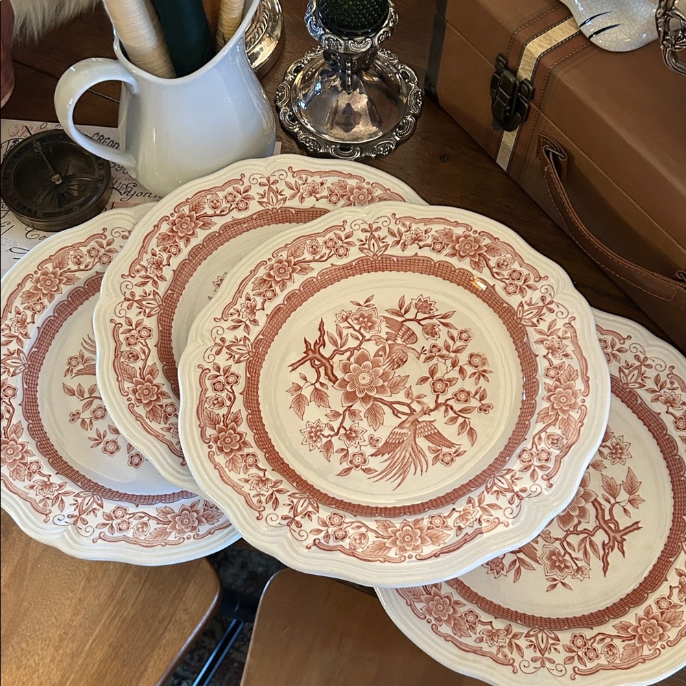 Set of Ironstone Oriental Bower Pheasant & Floral Transferware Dinner Plates